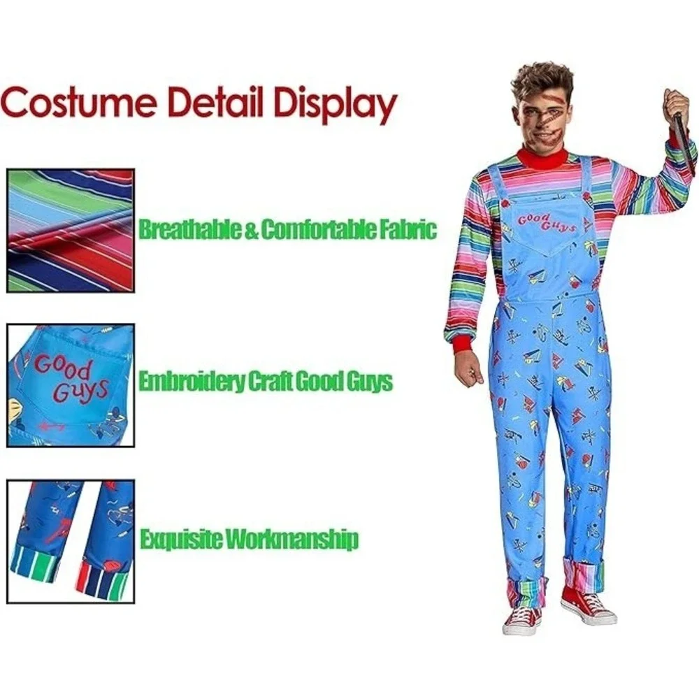 Adult Chucky Halloween Costume Men Women Overalls Shirt Knife Scars XL New
